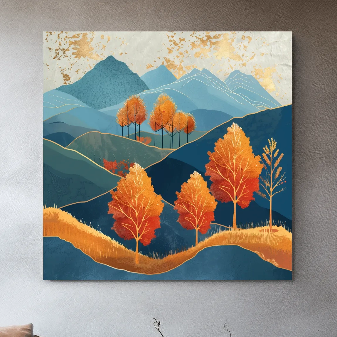 Autumn Aspen Trees In Layered Blue Mountains - Modern Gold Leaf Style Wall Art