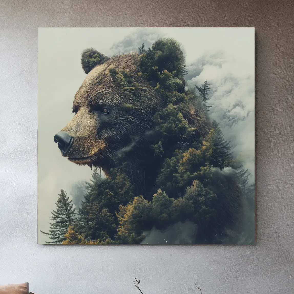 Surreal wall art, a grizzly bear morphing from a forest