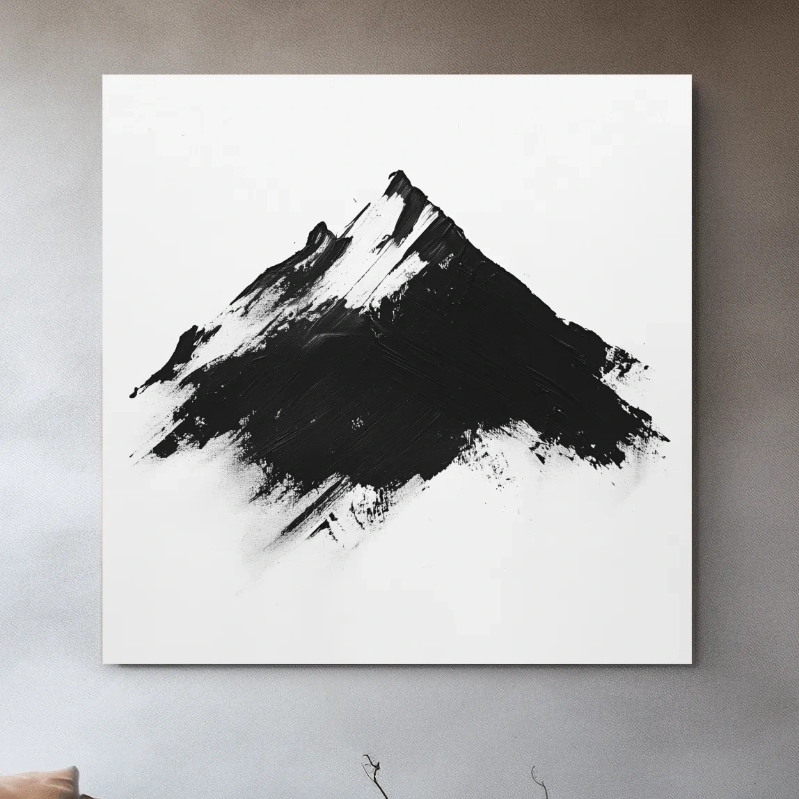 Modern abstract wall art, defined brush strokes black & white mountain painting