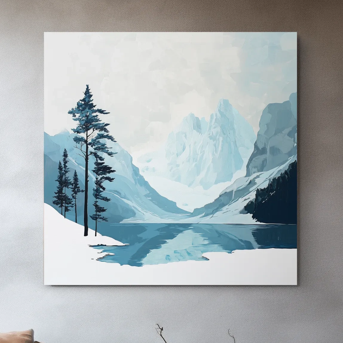 Minimalist Icy Mountain Lake - Scandinavian Winter Landscape Artwork