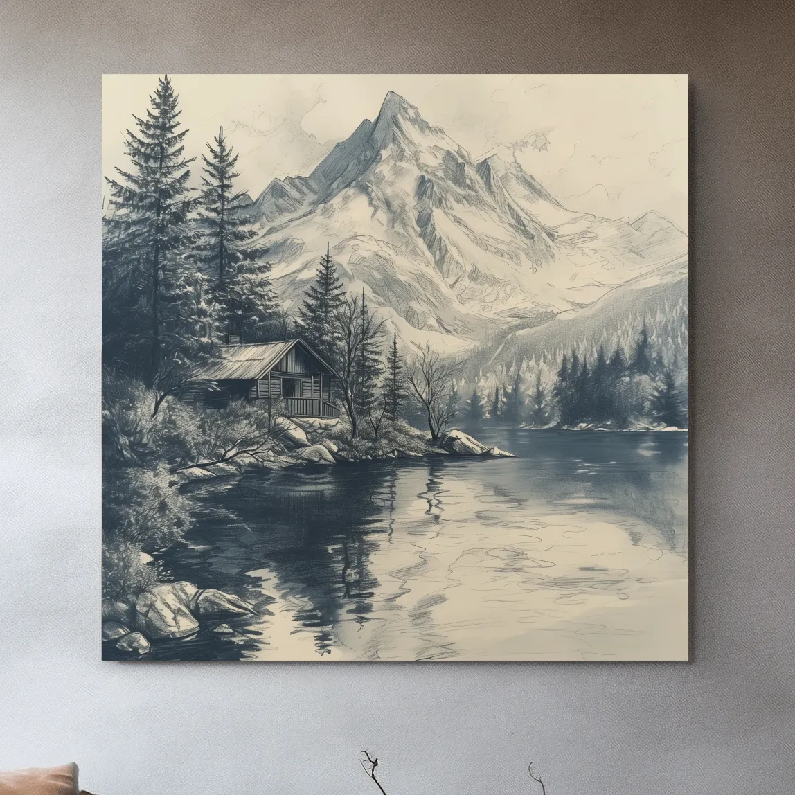 Lead pencil drawing of a cabin by an alpine lake