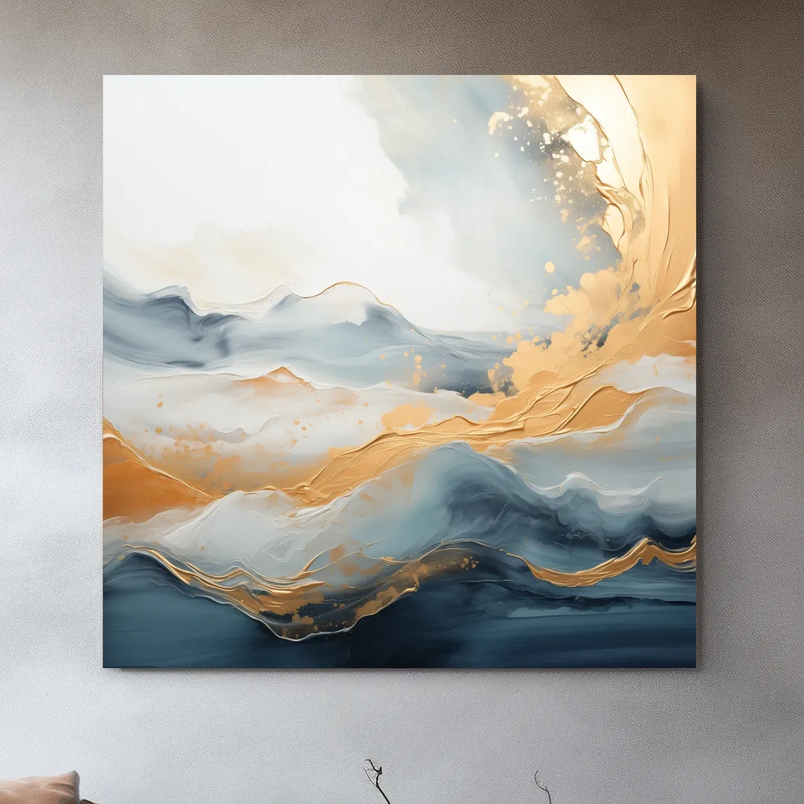 Swirling gold painting of abstract mountains and clouds