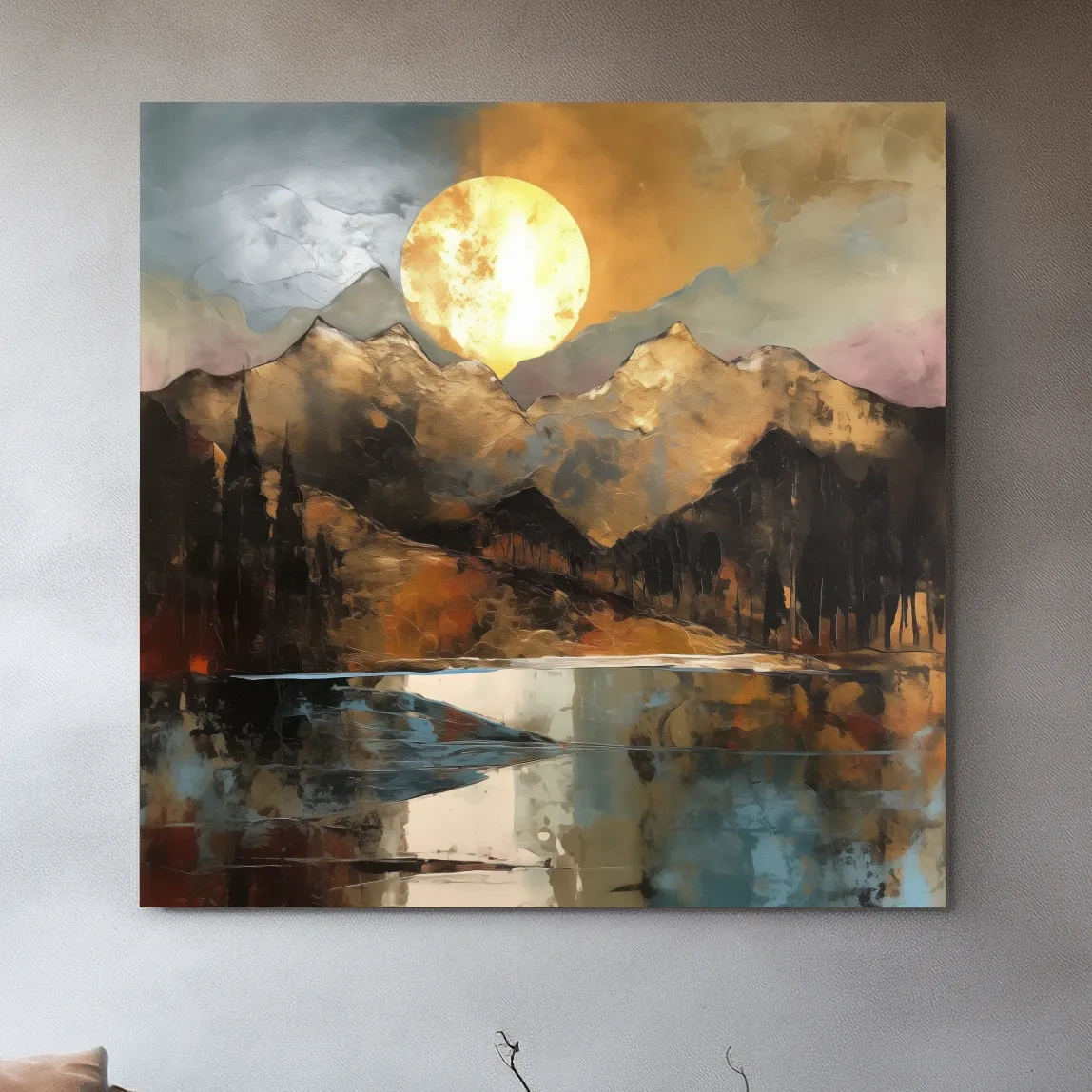 Alpine Mountain Lake Sunset Painting - Textured Golf Leaf Style Wall Art