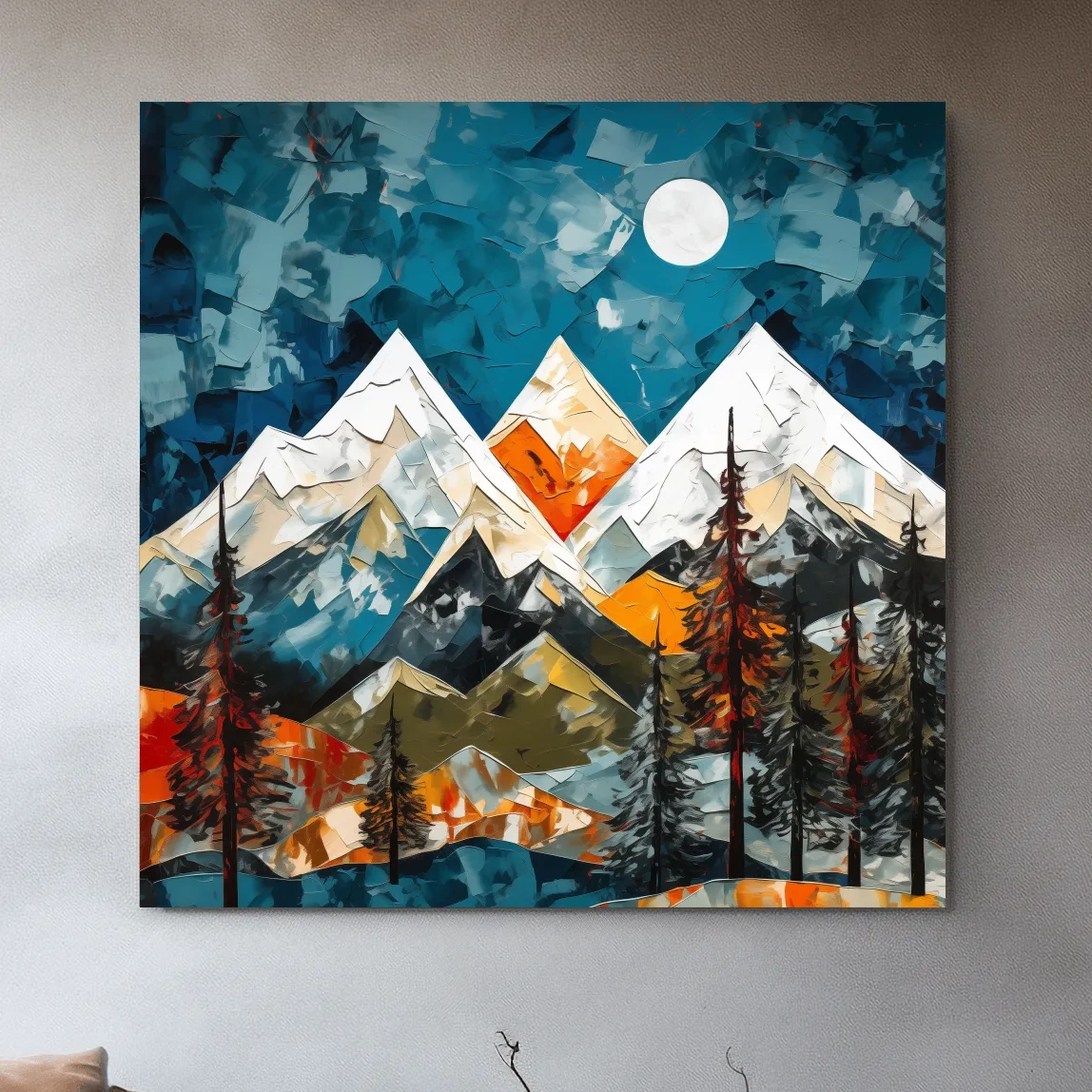 Abstract Impasto Style Mountain Nightscape - Moonlit Alpine Landscape Wall Art