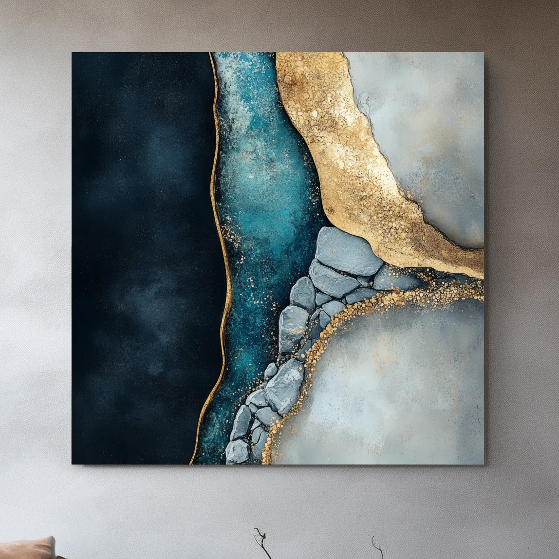 Elegant abstract riverbed rock artwork, natural flowing modern wall art