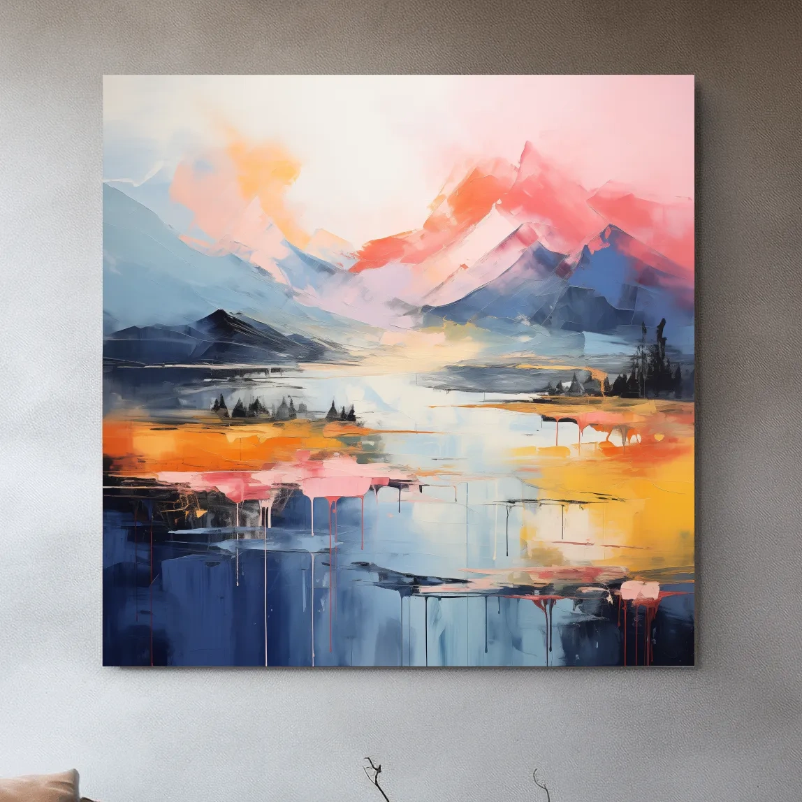 Abstract mountain landscape artwork, vibrant colors in oil painting style