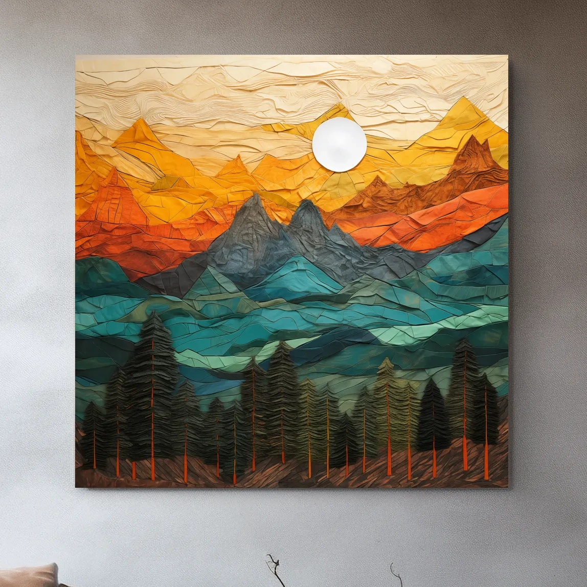 Papre mache style art of an alpine landscape at sunset