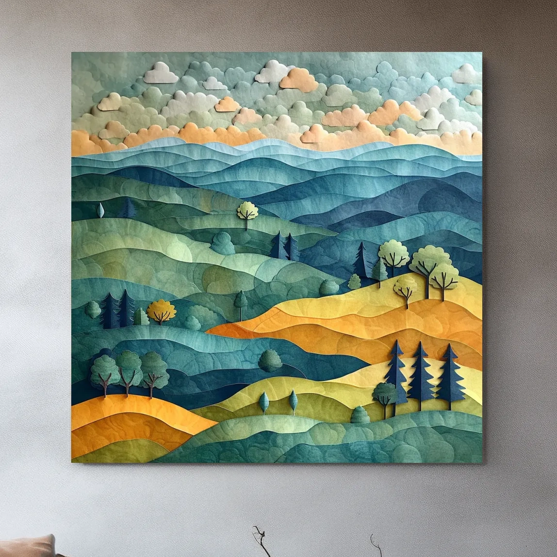 Layered Paper Cut Mountain Landscape - Mixed Media Forest Wall Art