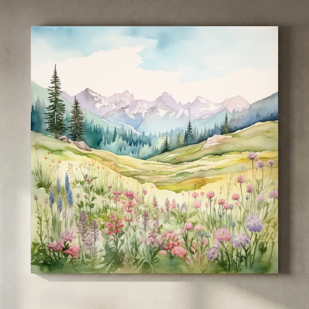 Alpine Meadows Wildflower Watercolour - Pastel Mountains Landscape Wall Art