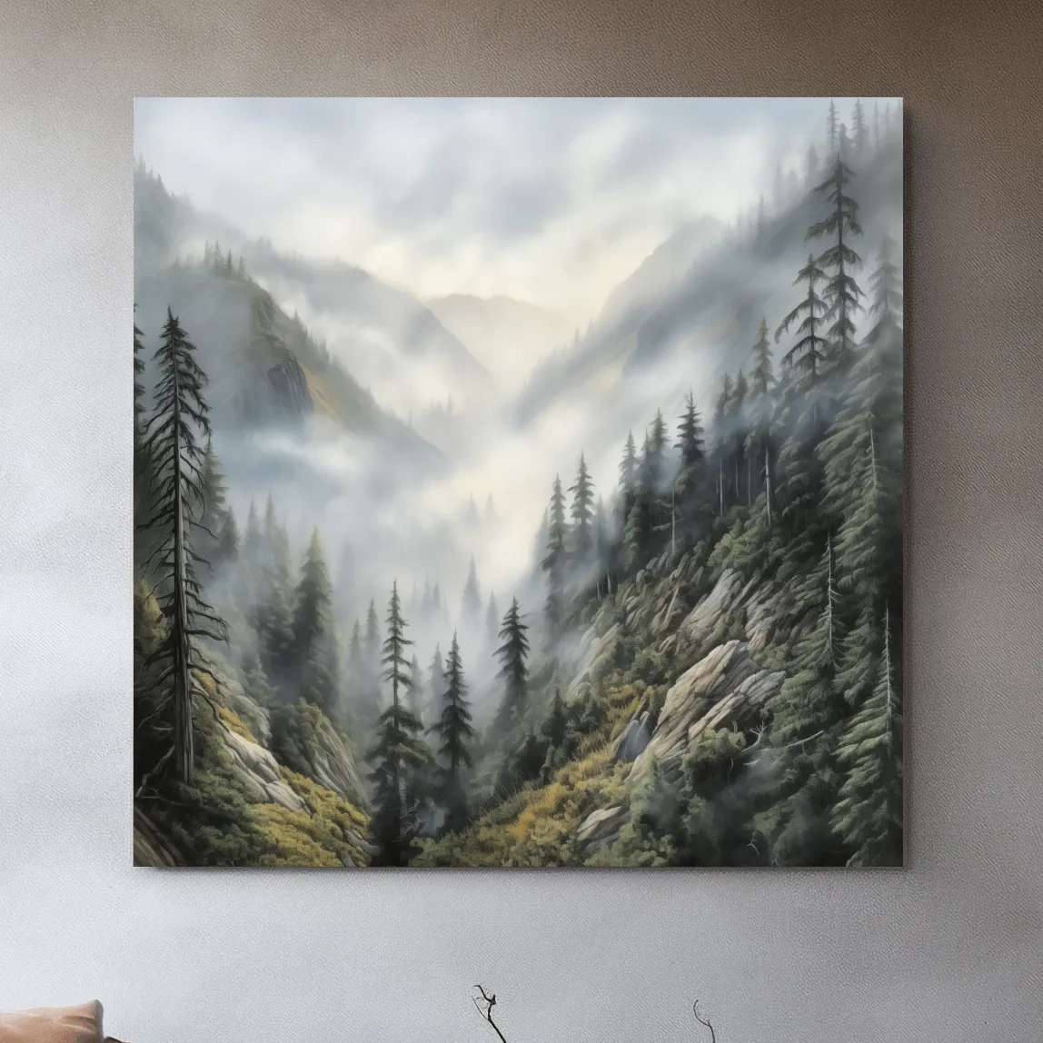 Misty Mountain Valley Pine Forest Painting - Foggy Alpine Landscape Wall Art