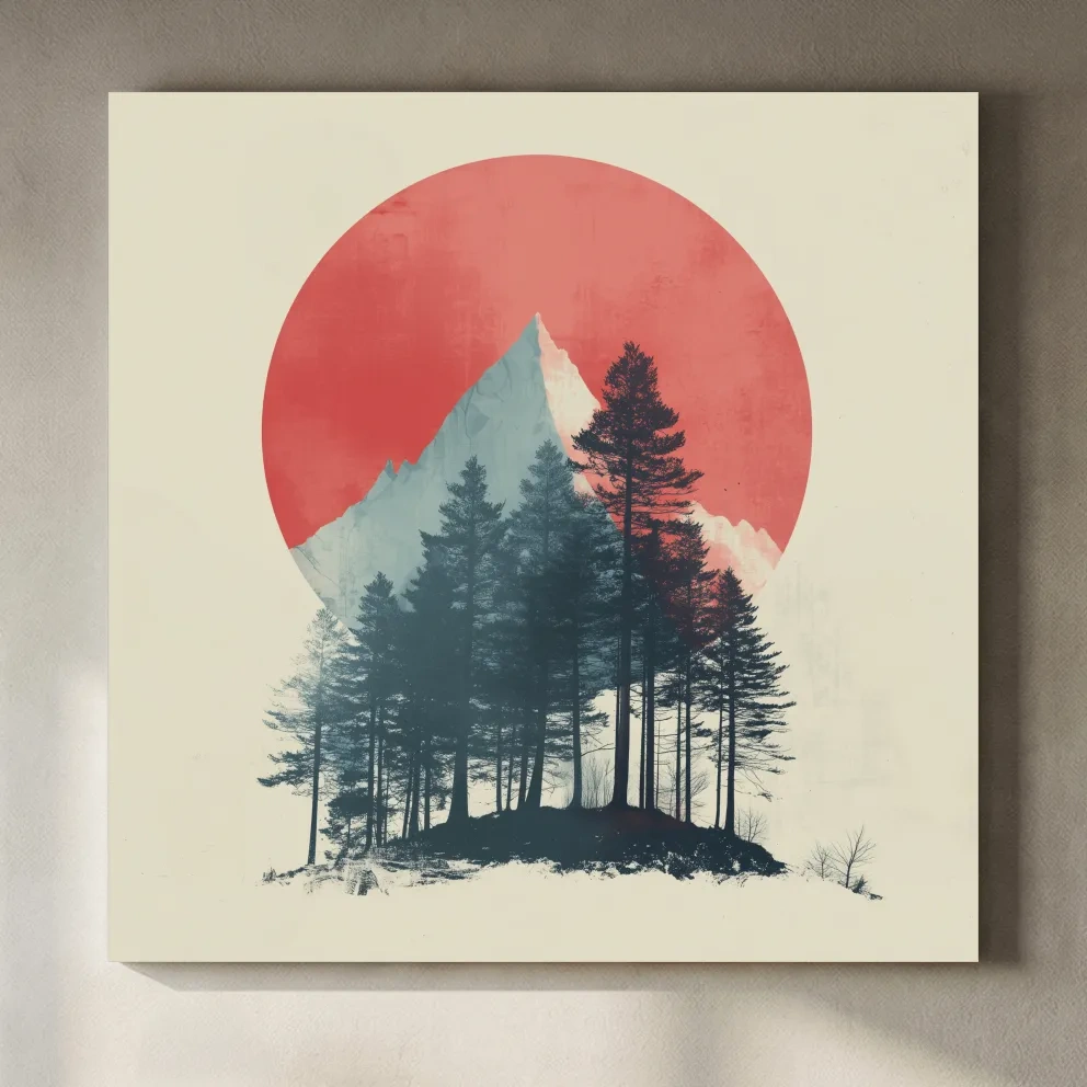 Minimalist Mountain Peak Pine Forest - Scandinavian Sunset Landscape Wall Art