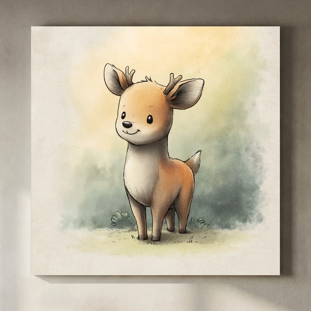 Cute Baby Deer Watercolor Illustration - Whimsical Woodland Nursery Wall Art