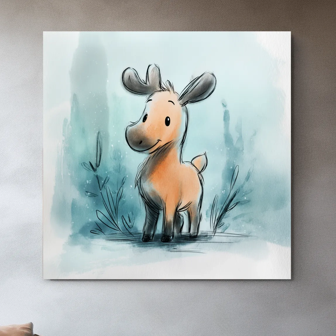 Cute Baby Moose Watercolor Illustration - Whimsical Nursery Wildlife Wall Art