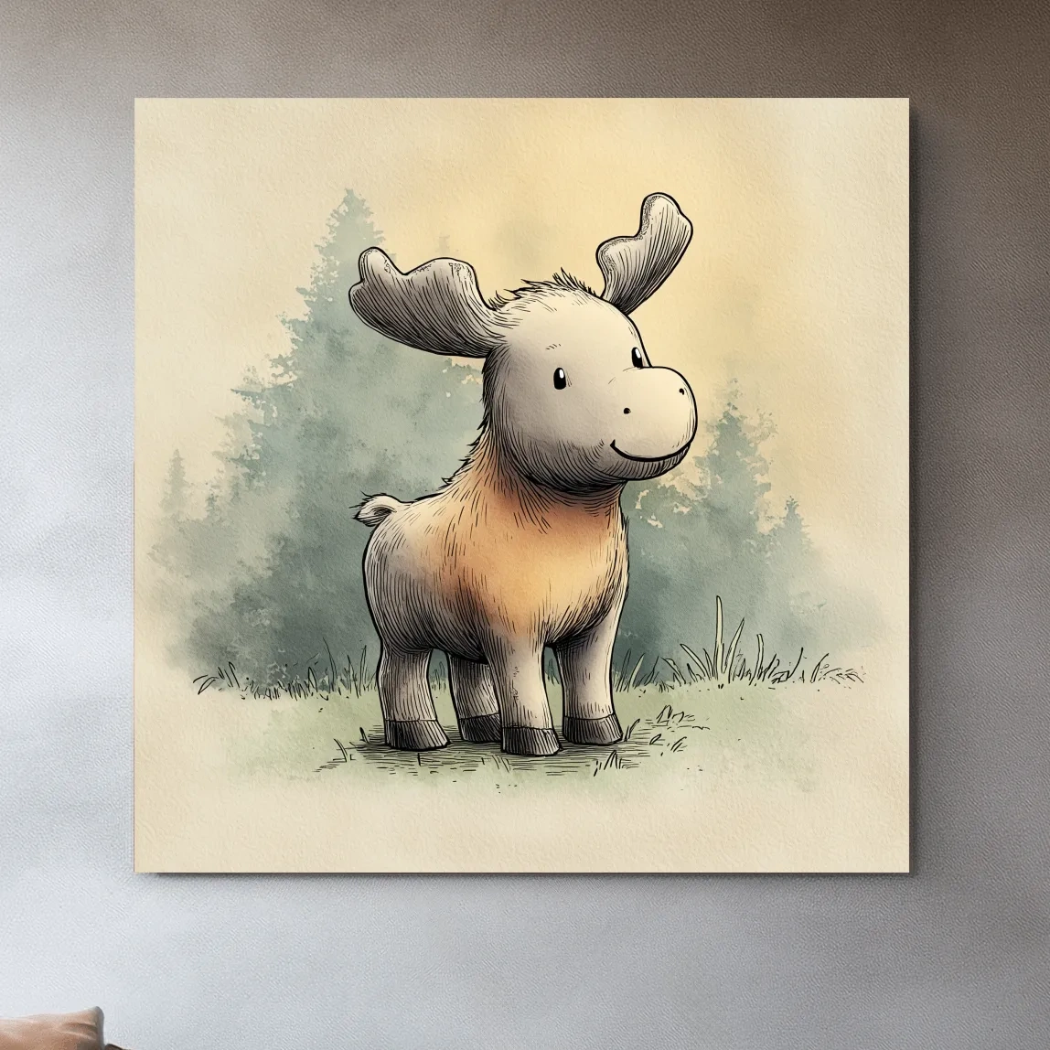 Cute Baby Moose Watercolor Illustration - Woodland Nursery Animal Wall Art
