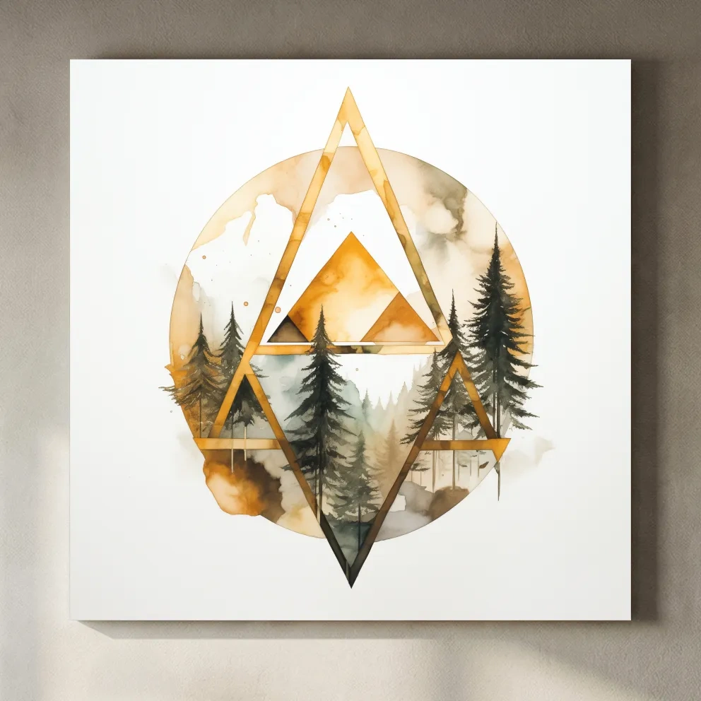 Rustic Elegant Watercolor Mountain Pine Forest - Abstract Golden Geometric Nature Wall Art