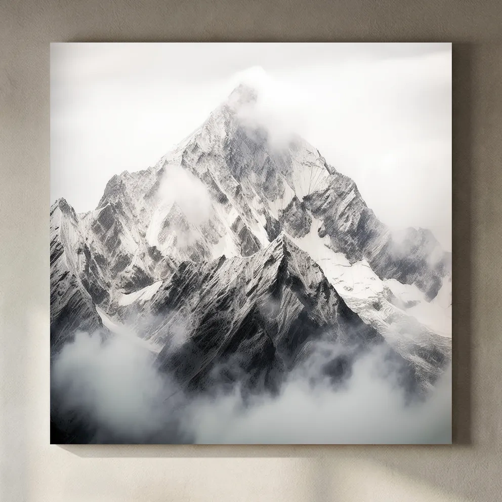 Snowcapped Alpine Peak Photography - Monochrome Mountain Wall Art