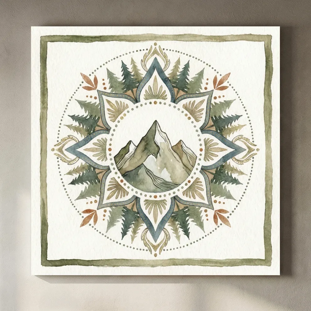 Mountain Mandala Watercolor - Boho Botanical Nature Wall Art