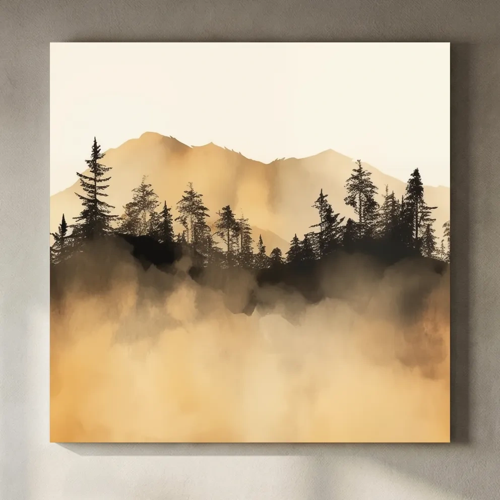 Misty Golden Mountain Pine Forest - Sepia Watercolor Landscape Wall Art