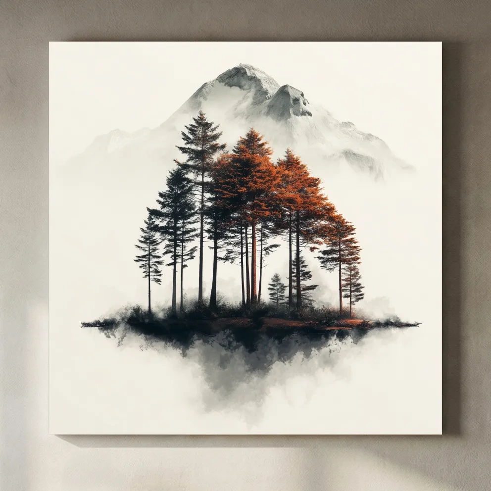 Misty Mountain Pine Forest Watercolor - Autumn Landscape Wall Art