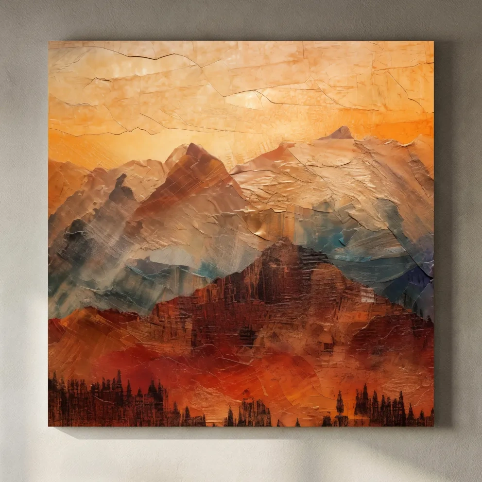 Impasto Style Abstract Mountain Range Sunset - Warm Rustic Landscape Wall Art