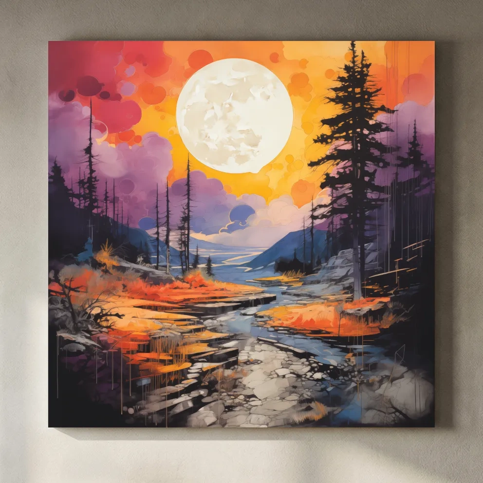 Vibrant River Valley Landscape Illustration - Abstract Sunset Forest Wall Art