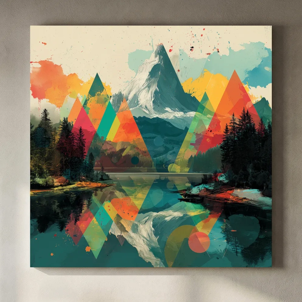 Vibrant Abstract Mountain Lake Collage Art - Colorful Alpine Wall Art