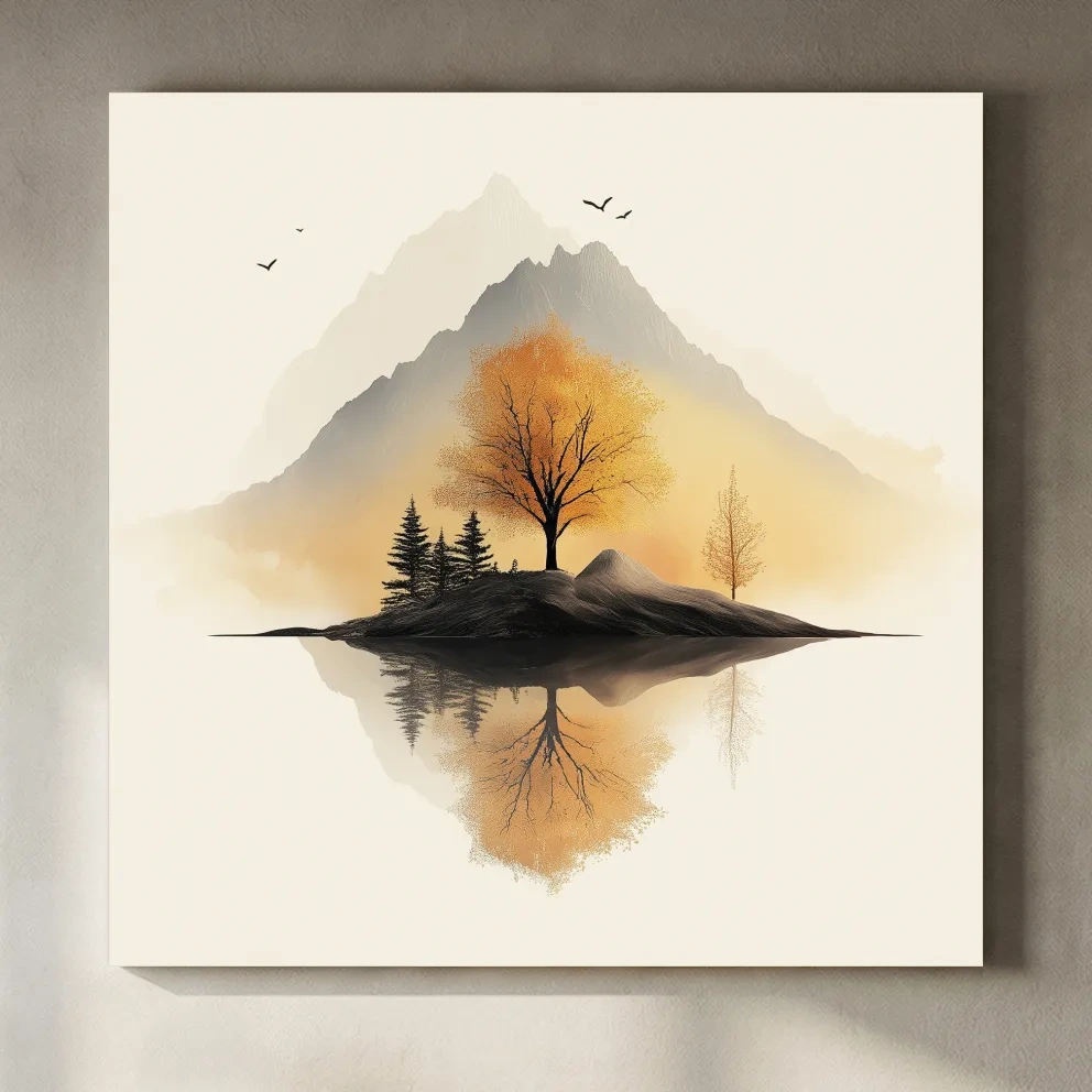 Minimalist Misty Mountain Lake Illustration - Serene Autumn Tree Landscape Wall Art