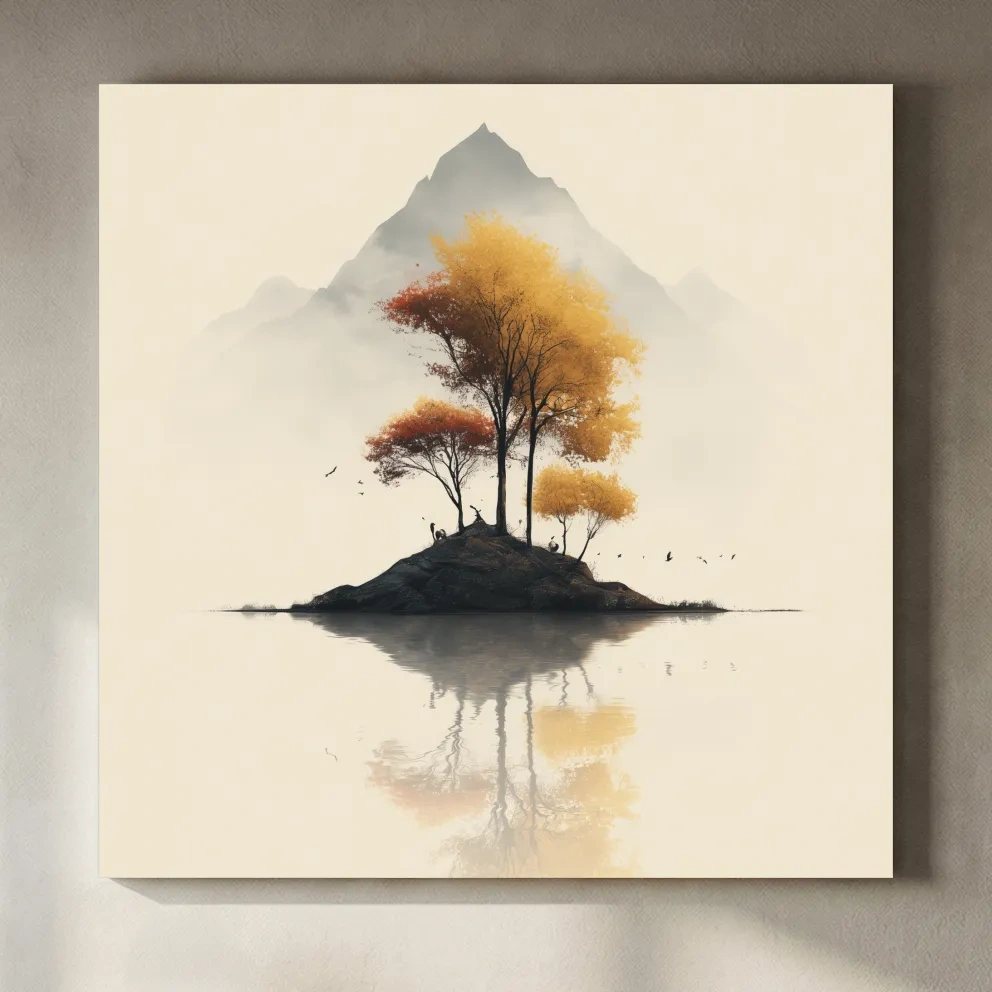 Minimalist Autumn Trees On Misty Lake Island - Serene Mountain Landscape Wall Art