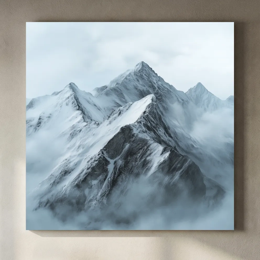 Misty Snowcapped Alpine Peak Landscape - Monochrome Photographic Mountain Wall Art