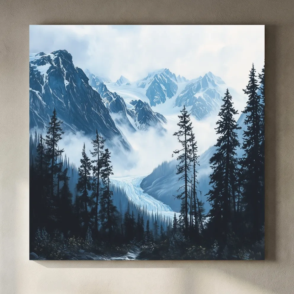 Misty Alpine Glacier Valley Landscape - Moody Mountain Forest Wall Art