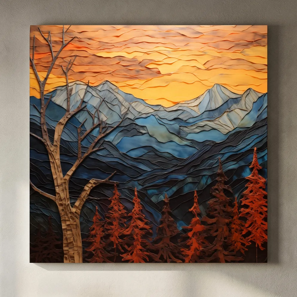 Layered Paper Cut Alpine Mountain Sunset - Mixed Media 3D Landscape Wall Art