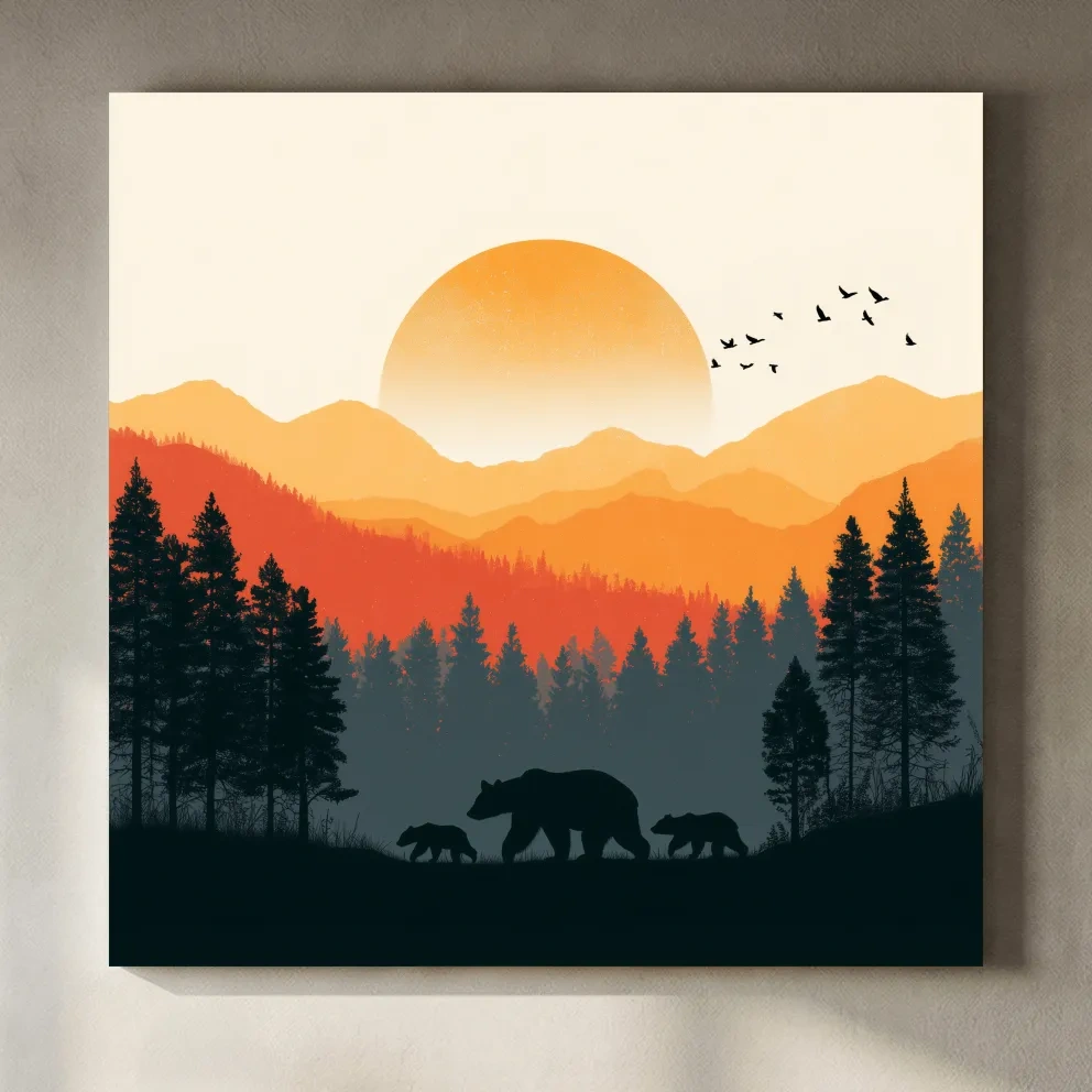 Sunset Mama Bear & Cubs Silhouette - Wildlife Forest Landscape Wall Art