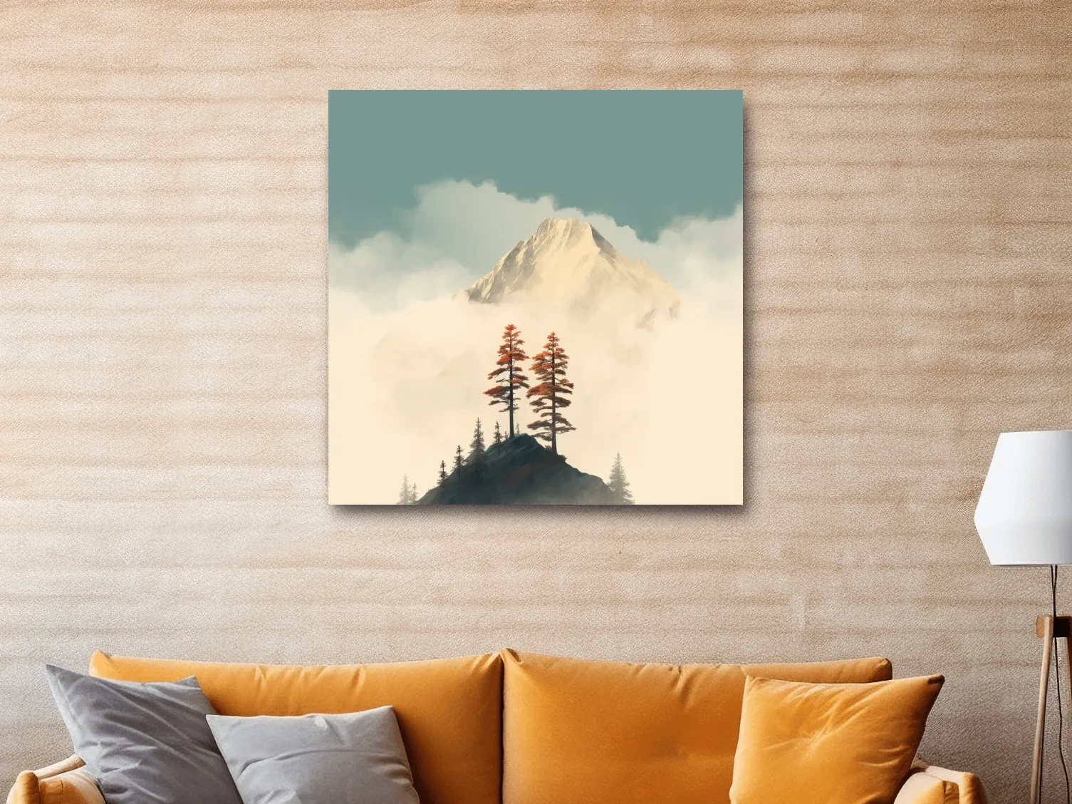 Misty Alpine Peak With Autumn Pines - Minimalist Mountain Artwork