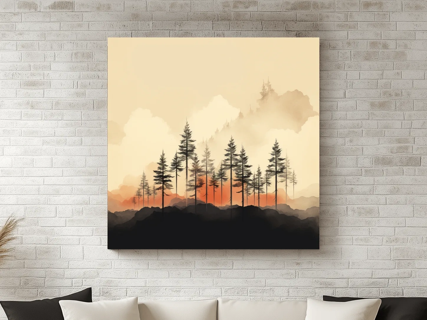 Misty Pine Forest Silhouettes At Sunrise - Minimalist Watercolor Mountain Wall Art