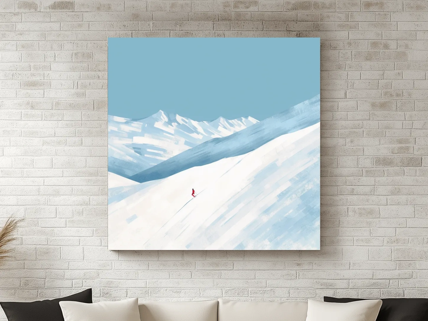 Minimalist Snowy Mountain Skier Painting - Alpine Winter Wall Art