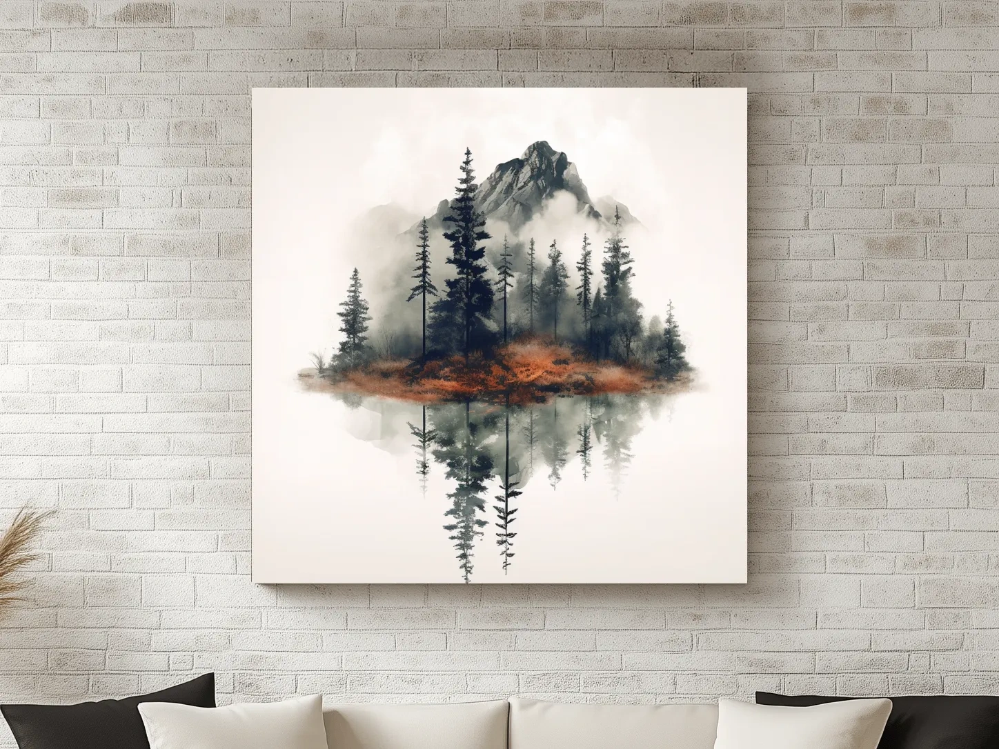 Minimalist Mountain Lake Reflection Watercolor - Moody Pine Forest Landscape Wall Art