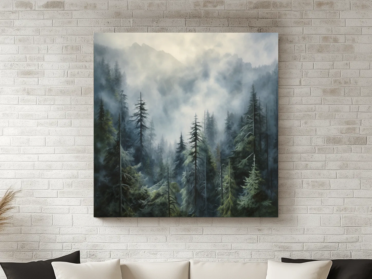 Moody Misty Pine Forest Mountains - Atmospheric Landscape Painting Wall Art