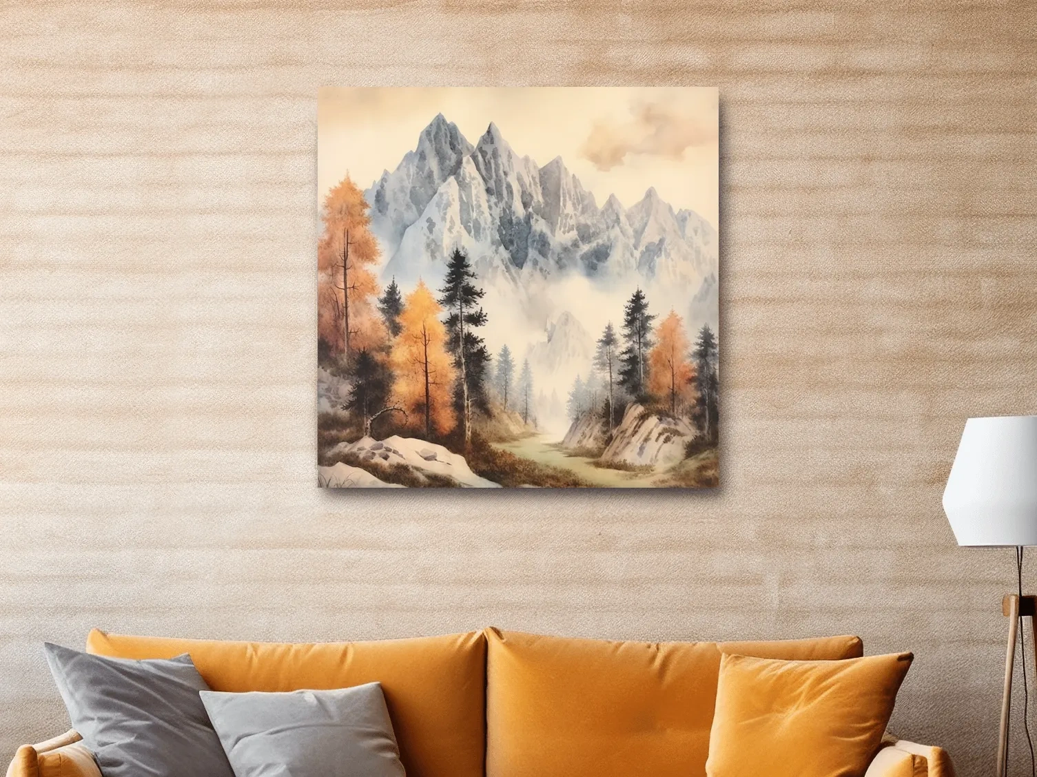 Watercolor Alpine Mountains With Autumn Pines - Serene Wall Art