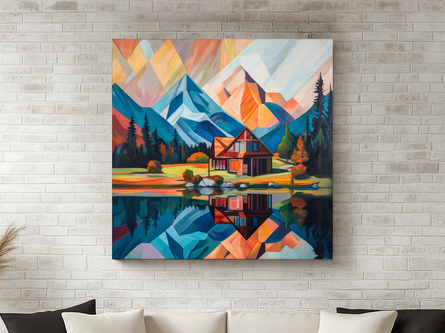 Vibrant Geometric Mountain Cabin Lake Reflection - Abstract Sunrise Wall Art