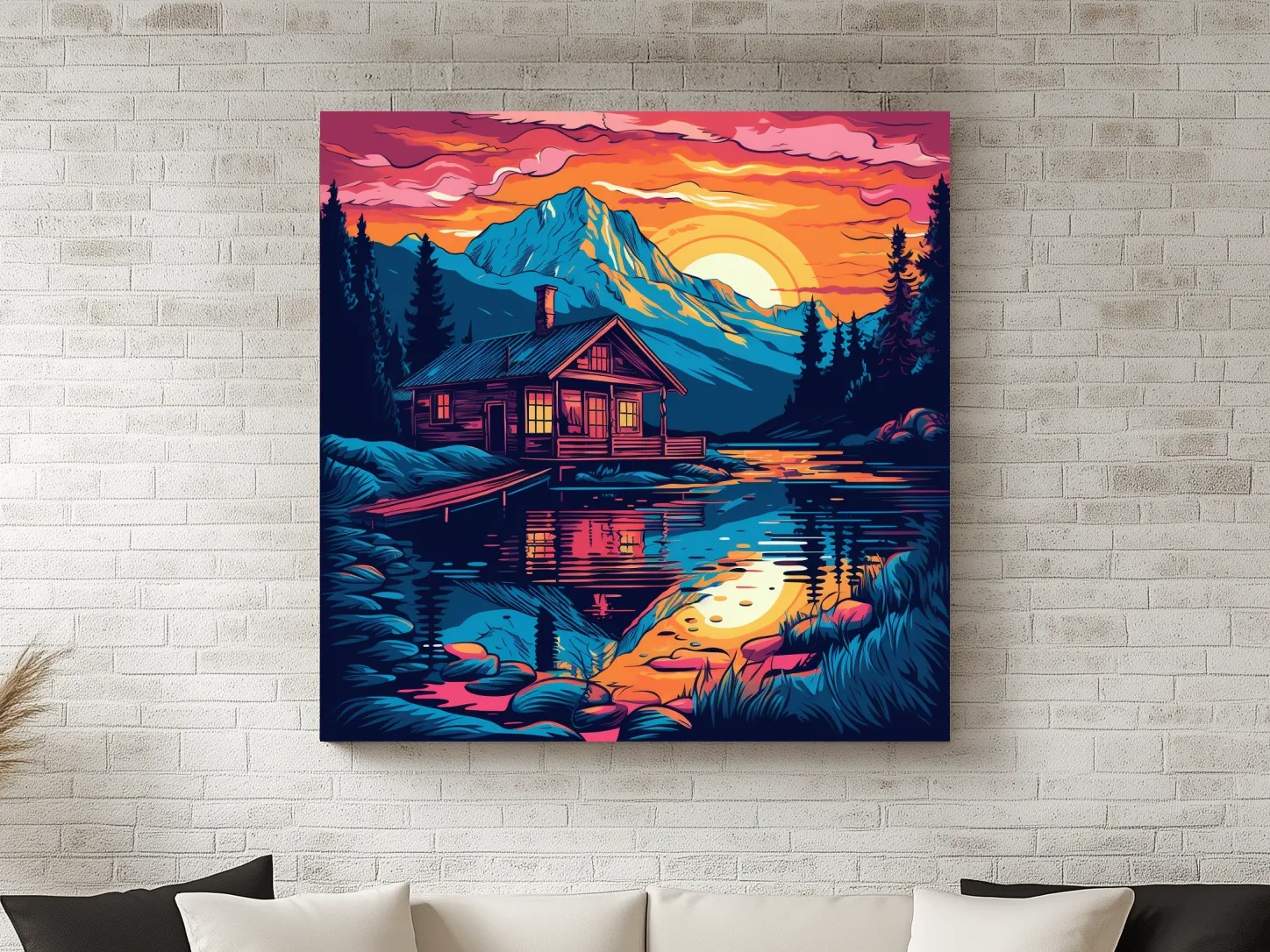 Vibrant Retro Alpine Lake Cabin Sunset - Vector Mountain Wall Art