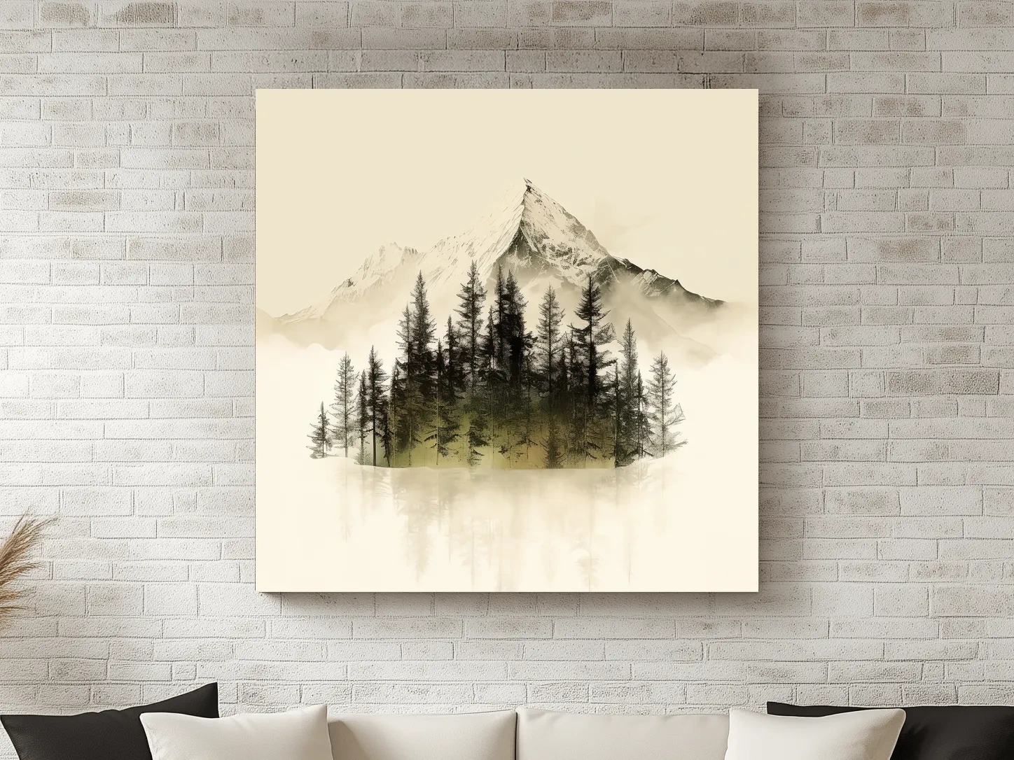 Misty Alpine Mountain Pine Forest Artwork - Minimalist Landscape Wall Art