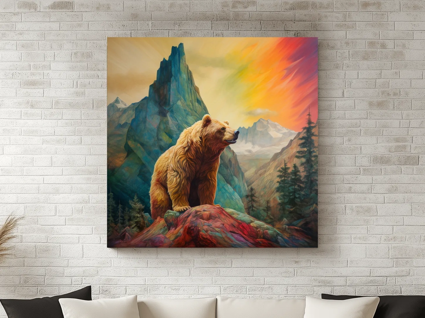 Majestic Grizzly Bear Mountain Landscape - Vibrant Painting Style Wildlife Wall Art