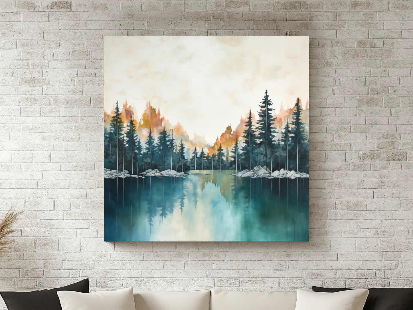 Misty Forest Lake Watercolor Painting - Serene Landscape Wall Art