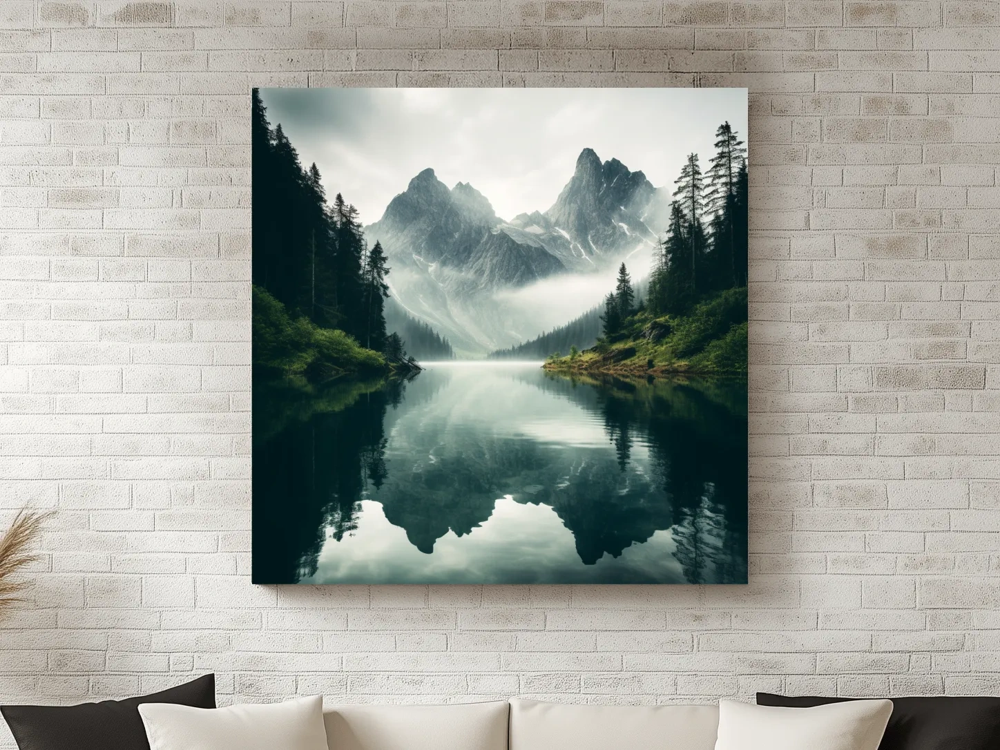 Misty Alpine Mountain Lake Reflection - Moody Pine Forest Photographic Wall Art