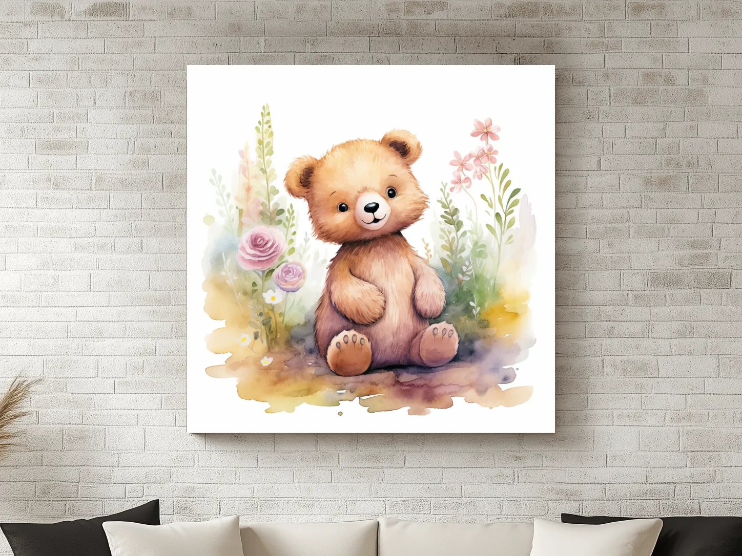 Cute Watercolor Teddy Bear With Pastel Flowers - Nursery Animal Wall Art
