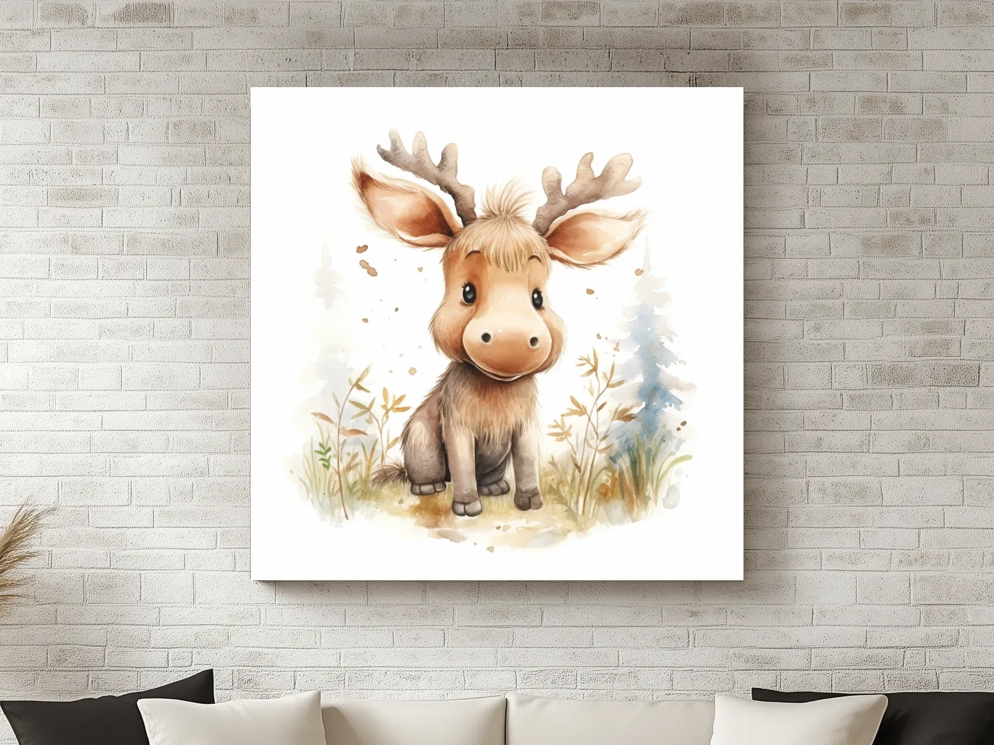 Cute Baby Moose Watercolor Illustration - Woodland Nursery Animal Wall Art