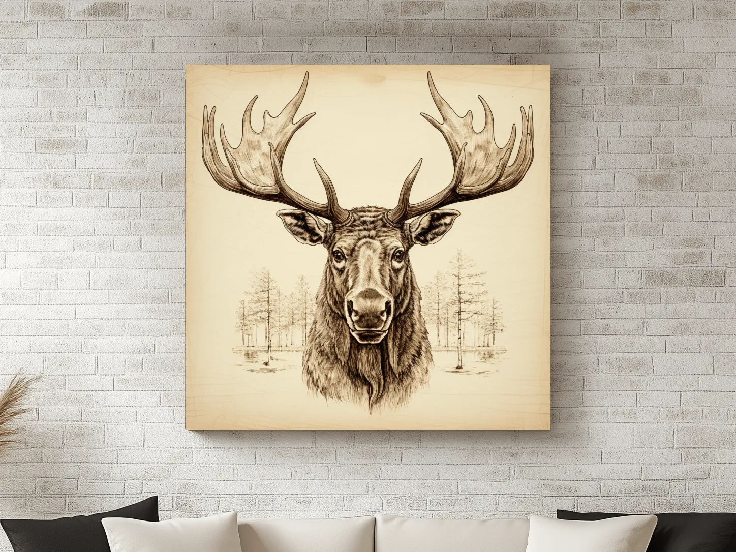 Rustic Sepia Moose Head Sketch - Vintage Woodland Wildlife Wall Art