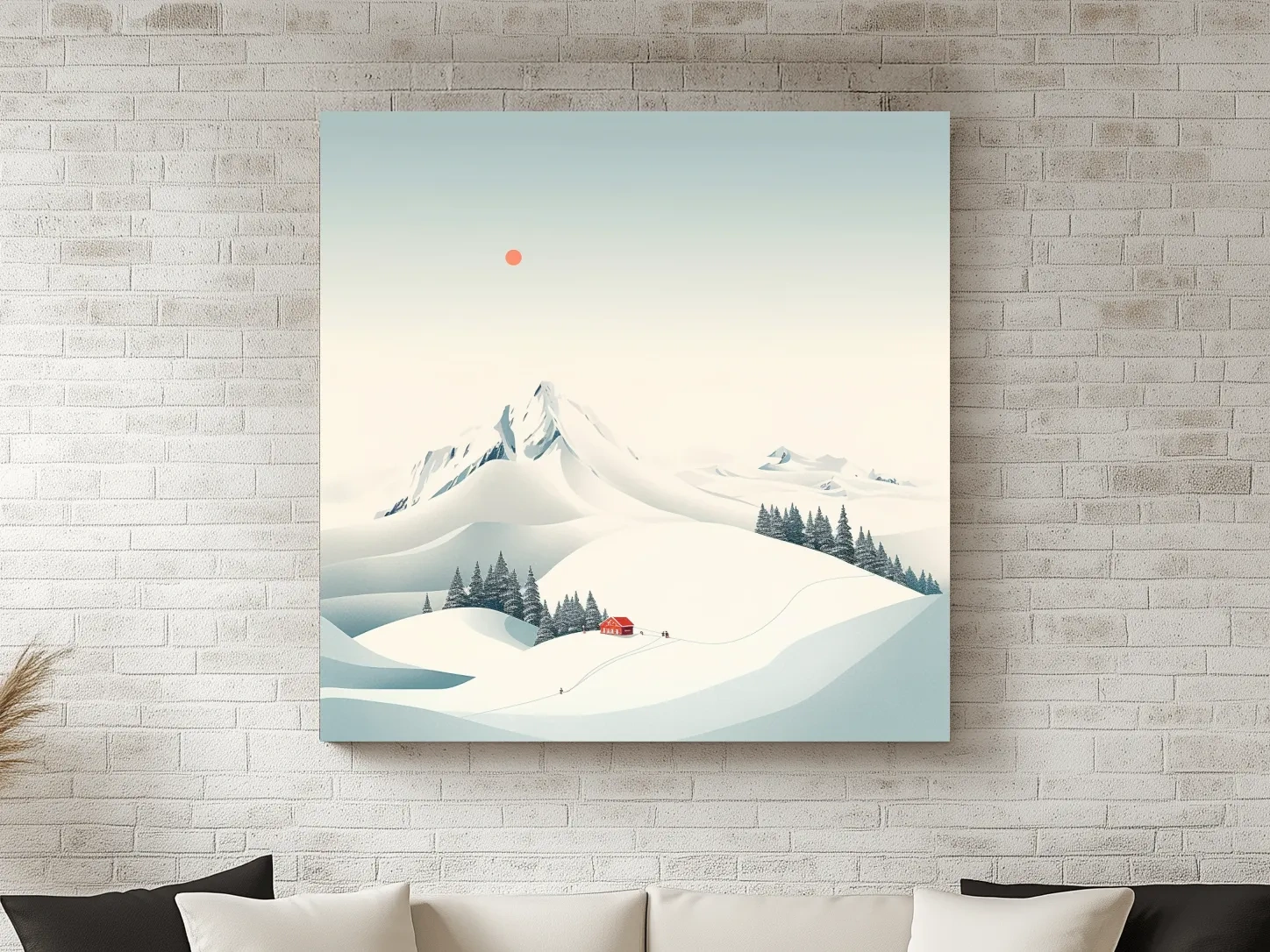 Minimalist Snowy Mountain Cabin Landscape - Winter Wall Art