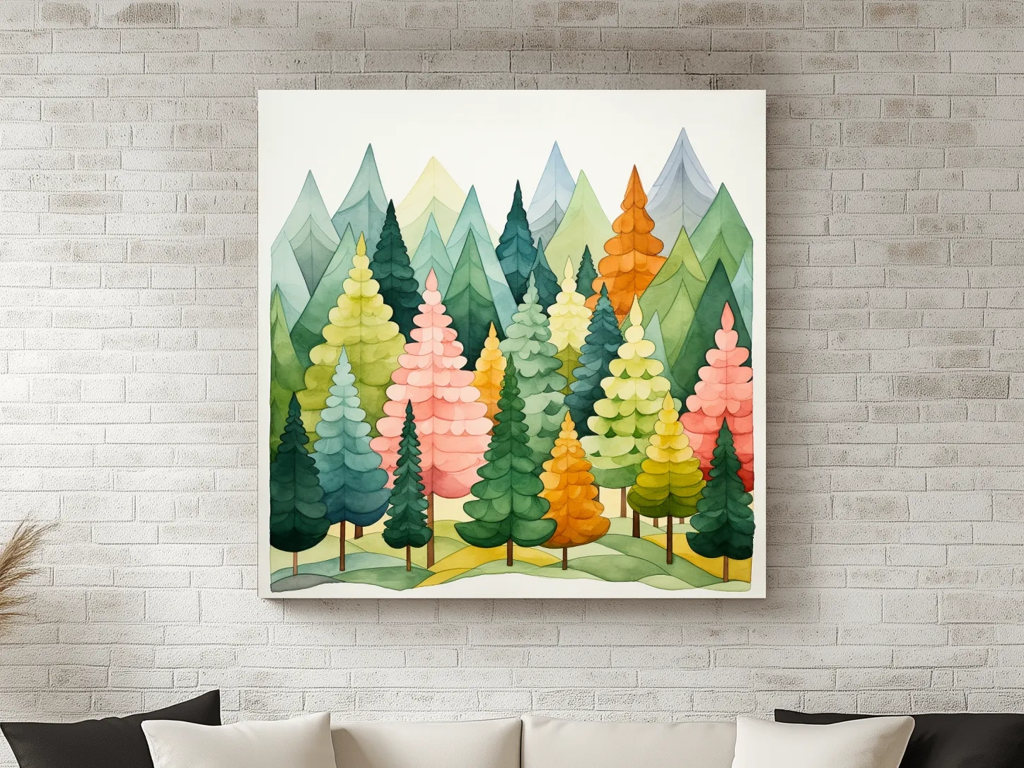 Whimsical Watercolor Pine Forest Mountains - Pastel Nursery Childrens Wall Art