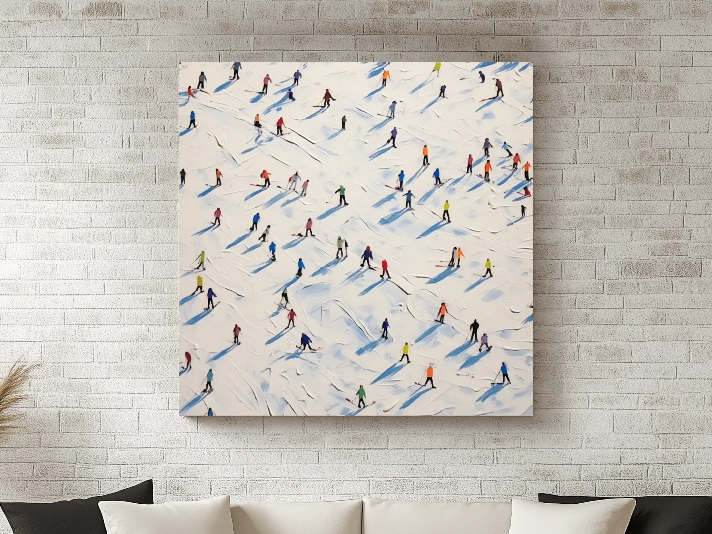 Tiny Skiers On Snowy Slopes - Modern Winter Sports Painting Wall Art